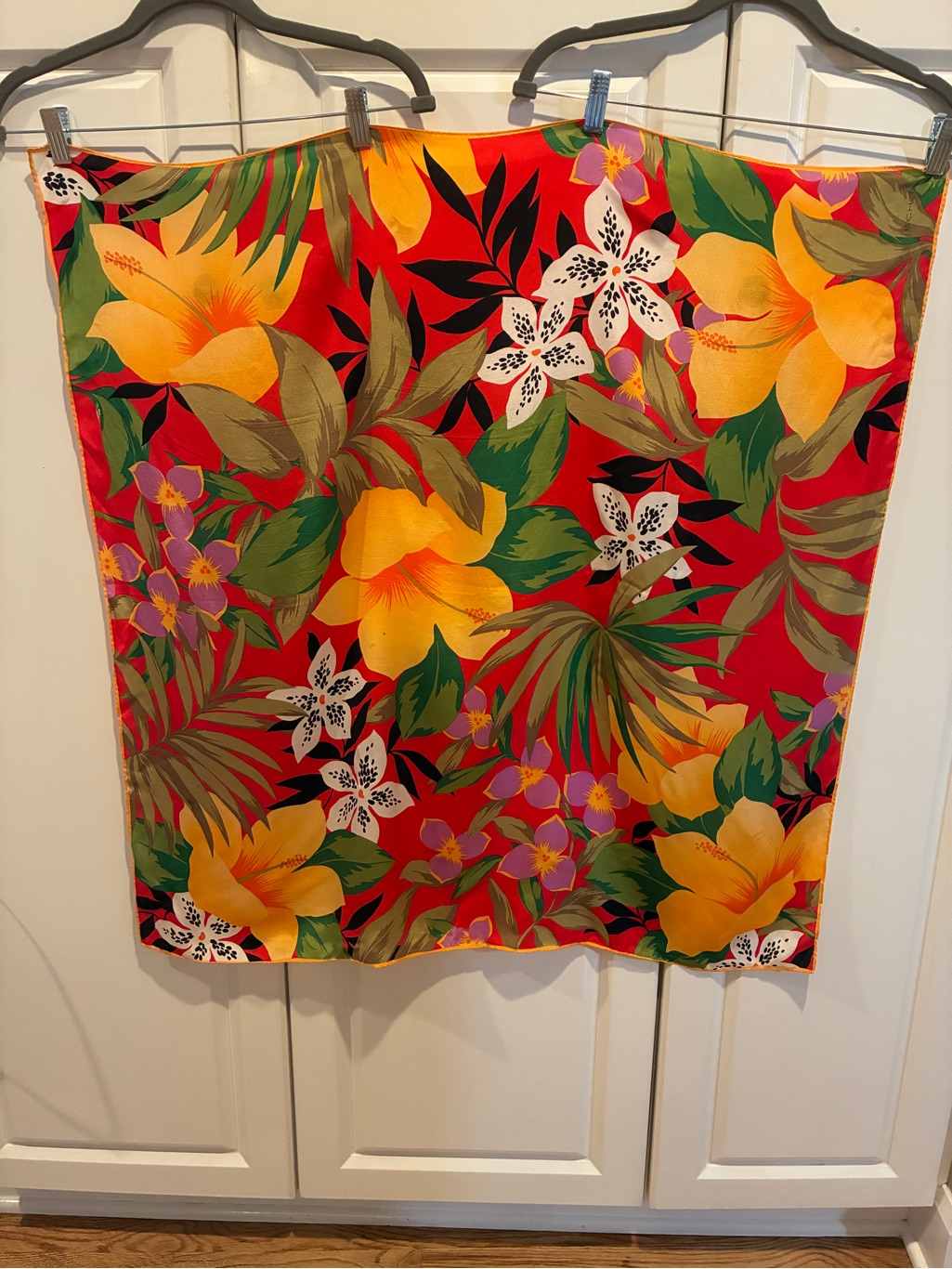 Echo Red Floral Silk Scarf With Yellow  Green Accents
